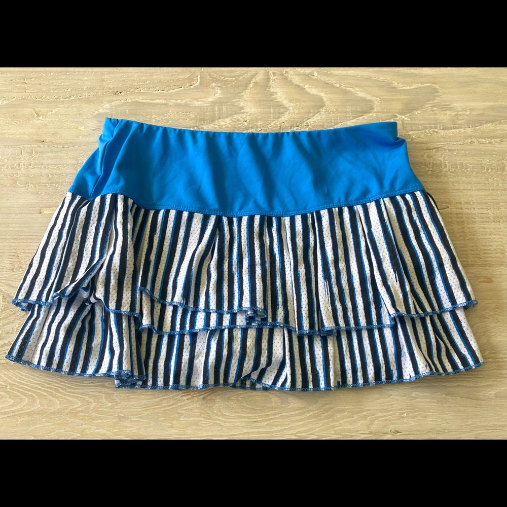 blue skirt with black and white stripes! perfect and comfortable tennis skirt!
